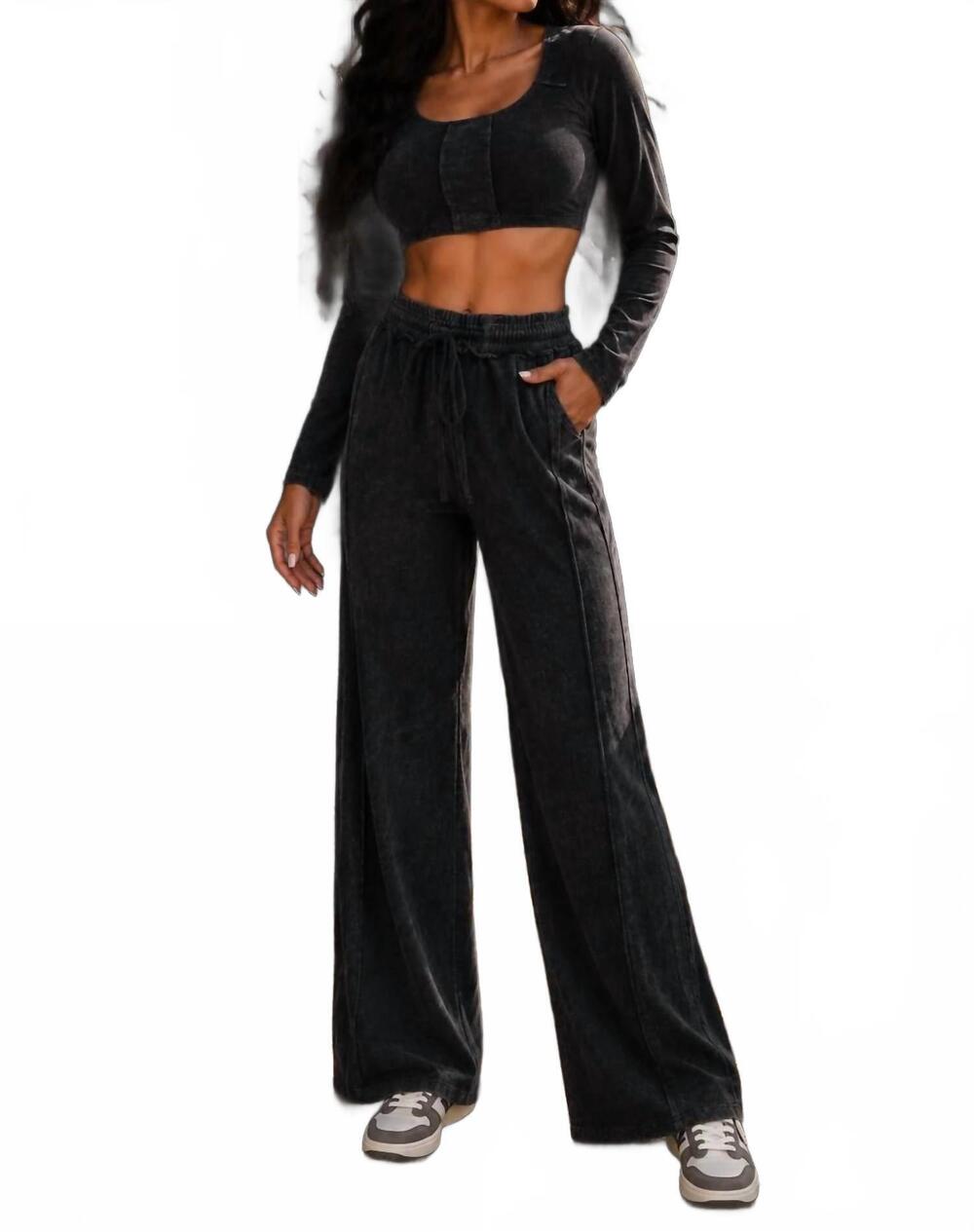 NEW SURELYMINE sloane mineral wash crop top and wide-leg pants set in black